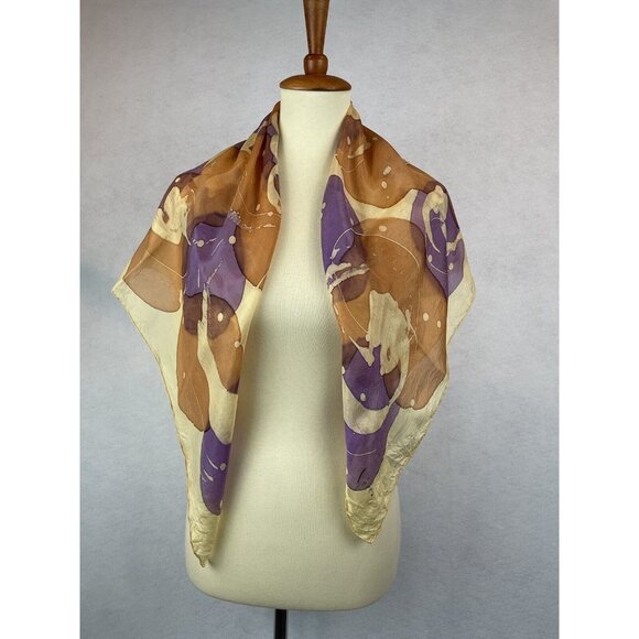 Vintage Silk Scarf Signed Ceres Yellow Brown Purple 32”x35” - Picture 2 of 7